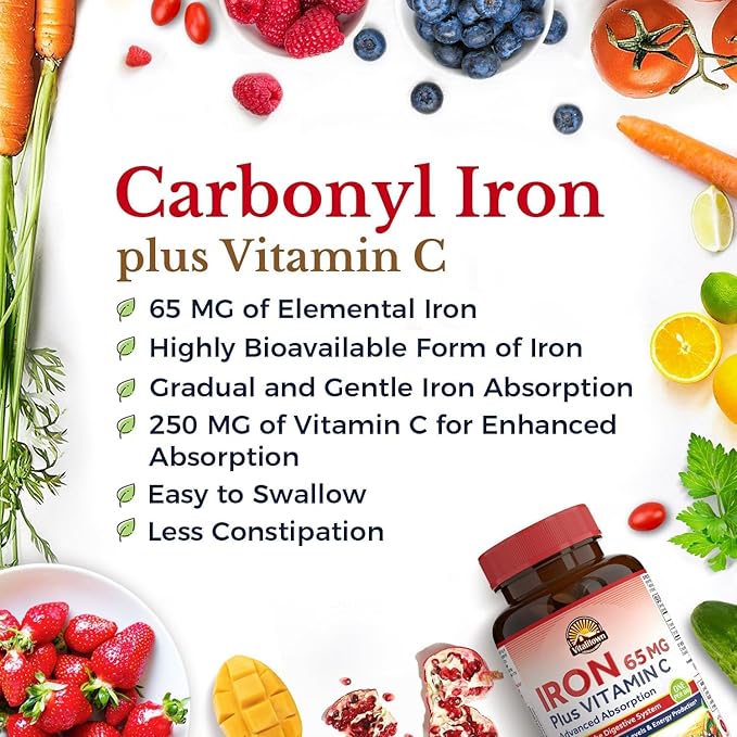 Vitalitown Iron Supplement for Women Men, High Potency 65mg Iron with Vitamin C 250mg, Less Constipating, Better for Blood Building & Energy Improvement, No Gluten, Non-GMO,60 Vegan Iron Pills