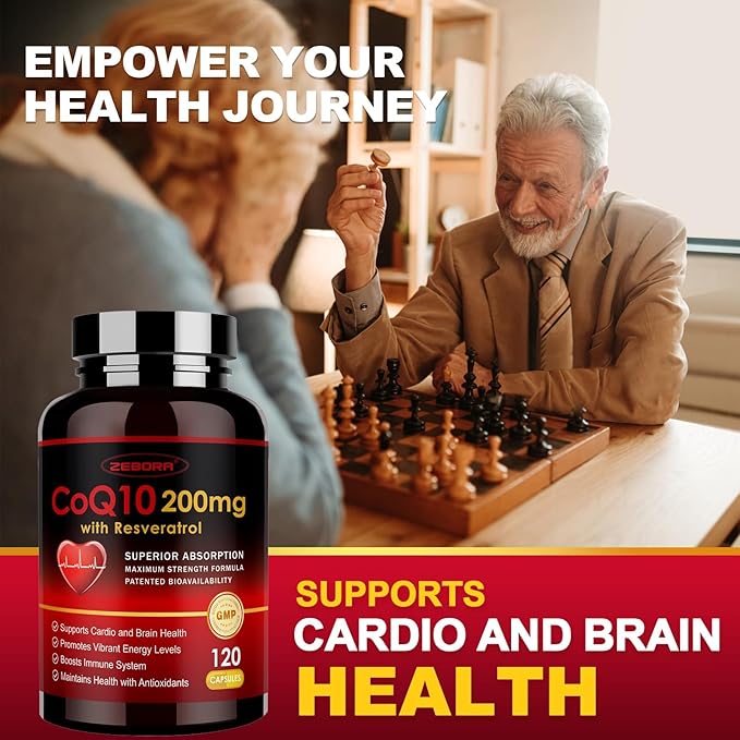 ZEBORA CoQ10-200mg with Trans-Resveratrol, PQQ & Vitamin E - High Absorption Coenzyme-Q10 with BioPerine - Powerful Antioxidant for Heart & Energy-Production,120 Veggie Capsules