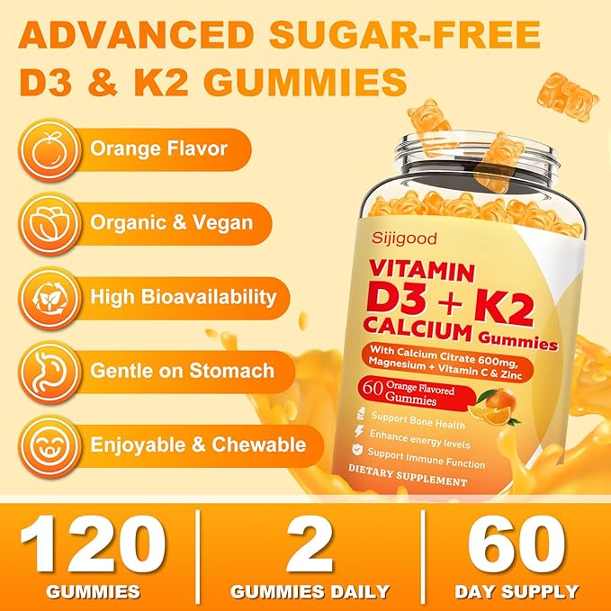 Vitamin D3 K2 Gummies for Women & Men, 6-in-1 Vitamin D Supplements with Magnesium, Zinc and Calcium for Bone, Immune & Energy Support, Sugar Free, Orange Flavor, 120 Count