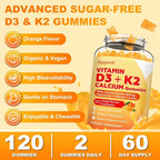 Vitamin D3 K2 Gummies for Women & Men, 6-in-1 Vitamin D Supplements with Magnesium, Zinc and Calcium for Bone, Immune & Energy Support, Sugar Free, Orange Flavor, 120 Count