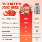 Vitamin B2 Gummies, Riboflavin 400mg with Magnesium for Kids & Adults, B2 Gummies for Migraine Relief & Energy Support, Strawberry Flavor, 60 Count