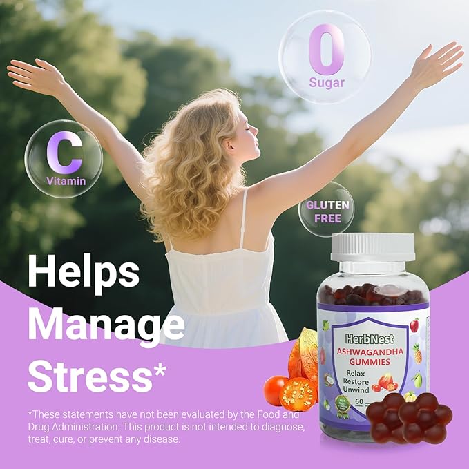 Organic Ashwagandha Gummies with Vitamin D3 - Stress Relief & Immune Support, Vegan Non-GMO, Gluten Free, Mixed Berry Flavor (60 Count)