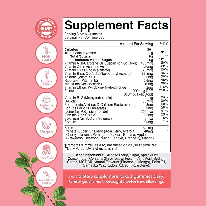 Natures Craft Vegan Prenatal Gummies for Women - Gummy Prenatal Vitamins for Women with Iron Folic Acid and Superfruit Blend - Chewable Vitamins Gummy Formula (Pineapple Mango) - 90 Count