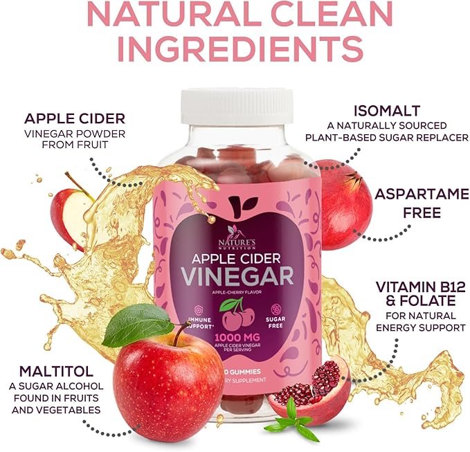 Apple Cider Vinegar Gummies 1000mg Per Serving - Sugar Free ACV Gummy Vitamins Supplement with Vitamin B12 for Energy - Keto Friendly Digestion, Detox, Cleanse Support, Vegan, Non-GMO - 60 Gummies