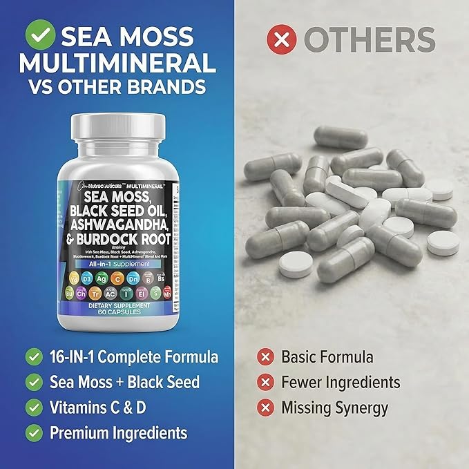 Clean Nutraceuticals Sea Moss Black Seed Oil Ashwagandha Turmeric Bladderwrack Burdock & Vitamin C Vitamin D3 with Elderberry Manuka Dandelion Yellow Dock Iodine Chlorophyll ACV