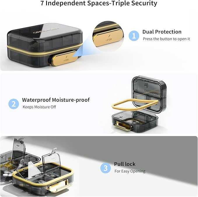 Travel Pill Organizer, Waterproof Weekly Pill Box 7 Day, Portable Container for Purse Pocket, Removable Compartments Daily Supplements Case, Airtight Storage for Outdoor (Black)