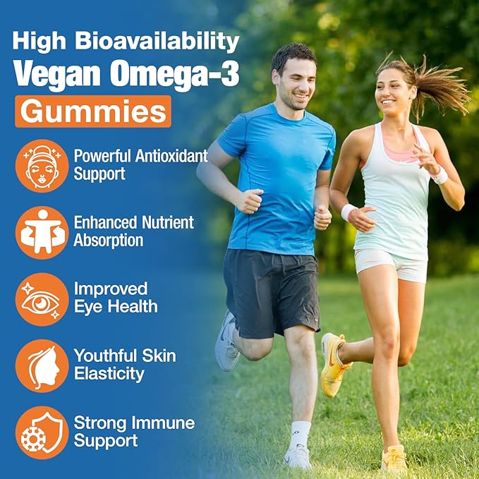 Omega-3 Gummies for Adults, Orange Flavor – Sugar-Free, Algae-Derived DHA 600mg & EPA 300mg, with Vitamins A, C, E, Zinc, 120 Gummies