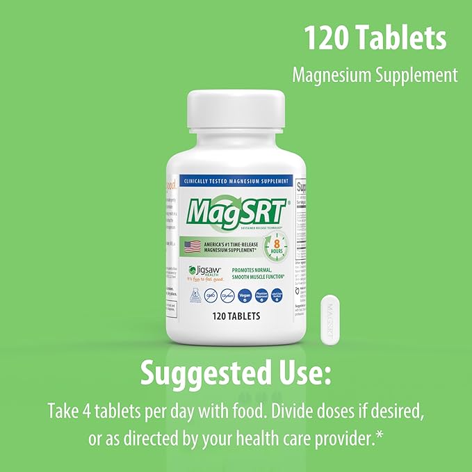 Jigsaw Health MagSRT | Magnesium Supplement with Vitamin B6, Folate & B12 | 120 Tablets | 30 Servings