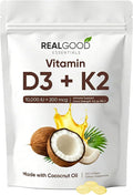 Real Good Essentials Vitamin D3K2 – 300 Softgels,High Absorption Softgels for Bone, Heart & Immune Support – Virgin Coconut Oil, Easy to Swallow