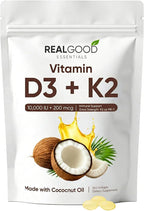 Real Good Essentials Vitamin D3K2 – 300 Softgels,High Absorption Softgels for Bone, Heart & Immune Support – Virgin Coconut Oil, Easy to Swallow