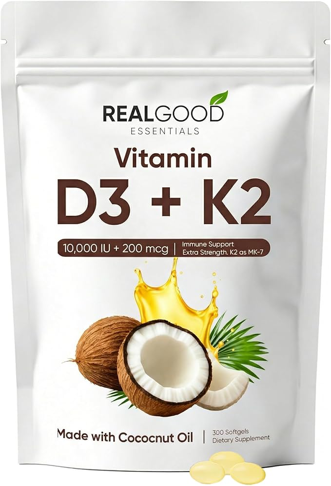 Real Good Essentials Vitamin D3K2 – 300 Softgels,High Absorption Softgels for Bone, Heart & Immune Support – Virgin Coconut Oil, Easy to Swallow