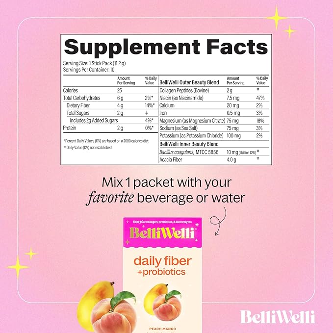 Belli Welli Fiber Supplement, Probiotics Fiber Powder Travel Pack for Women with Collagen & Electrolytes for Daily Gut Health & Debloating, Peach Mango, 10 Packets