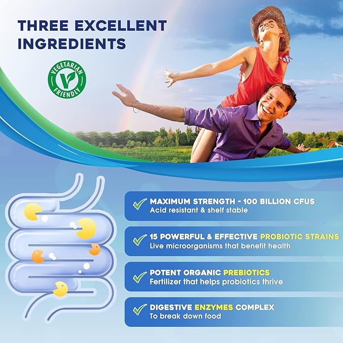 Probiotics for Women & Men - 100 Billion Plus Digestive Enzymes & Prebiotics, Highest Potency 3-in-1 Complete Probiotics for Digestive Health, Immune Support