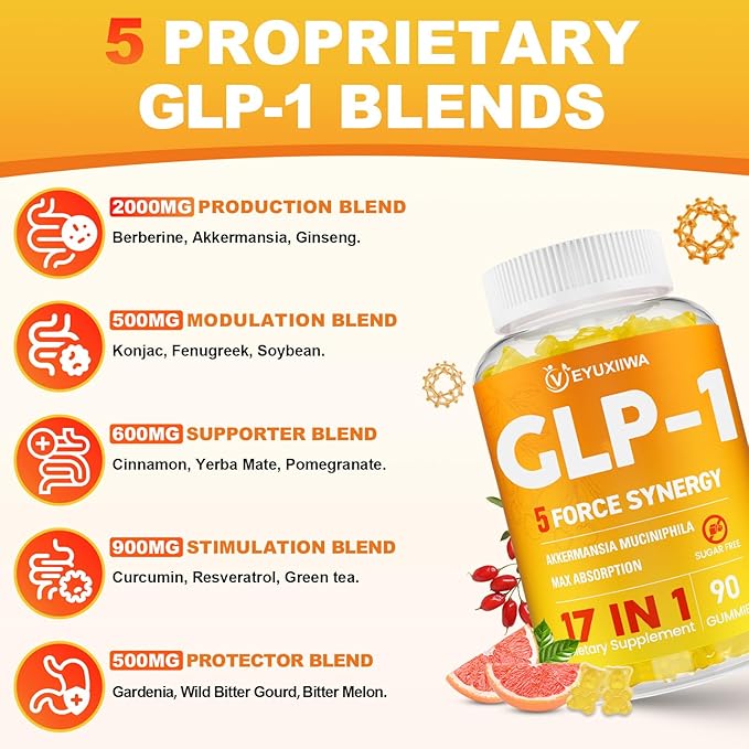 GLP-1 Supplement for Women, 5X GLP-1 Blends with Akkermansia Probiotic & Berberine, 17-in-1 High Efficiency GLP-1 Probiotic Gummies , for Energy, Digestion & Gut, Yuzu Flavor, Sugar Free - 90 Gummies