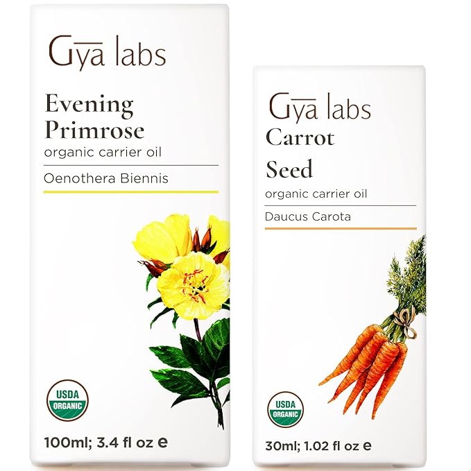 Gya Labs Organic Evening Primrose Oil for Dry Skin (3.4 fl oz) & Carrot Oil for Hair (1 fl oz) Set - Aromatherapy Grade Essential Oils Set