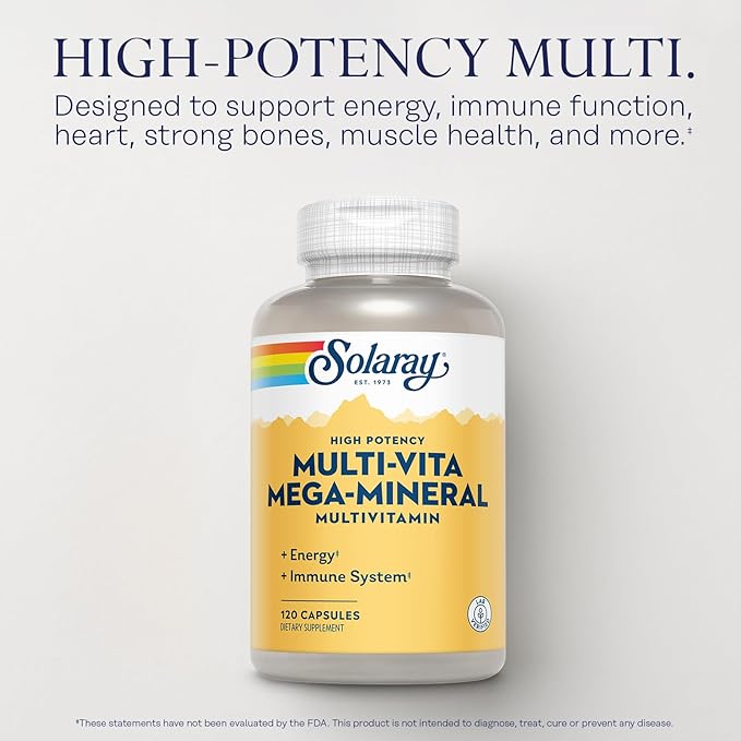 SOLARAY Multi-Vita Mega-Mineral Multivitamin for Women and Men with Vitamin D, Vitamin C, Magnesium, Zinc and More - Energy and Immune System Support - 60-Day Guarantee - 30 Servings, 120 Capsules