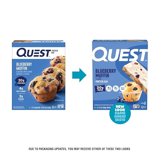 Quest Nutrition Blueberry Muffin Protein Bars, 20g Protein, 5g Net Carbs, 2g Sugar, High Fiber, Gluten Free, Keto Friendly, 4 Count