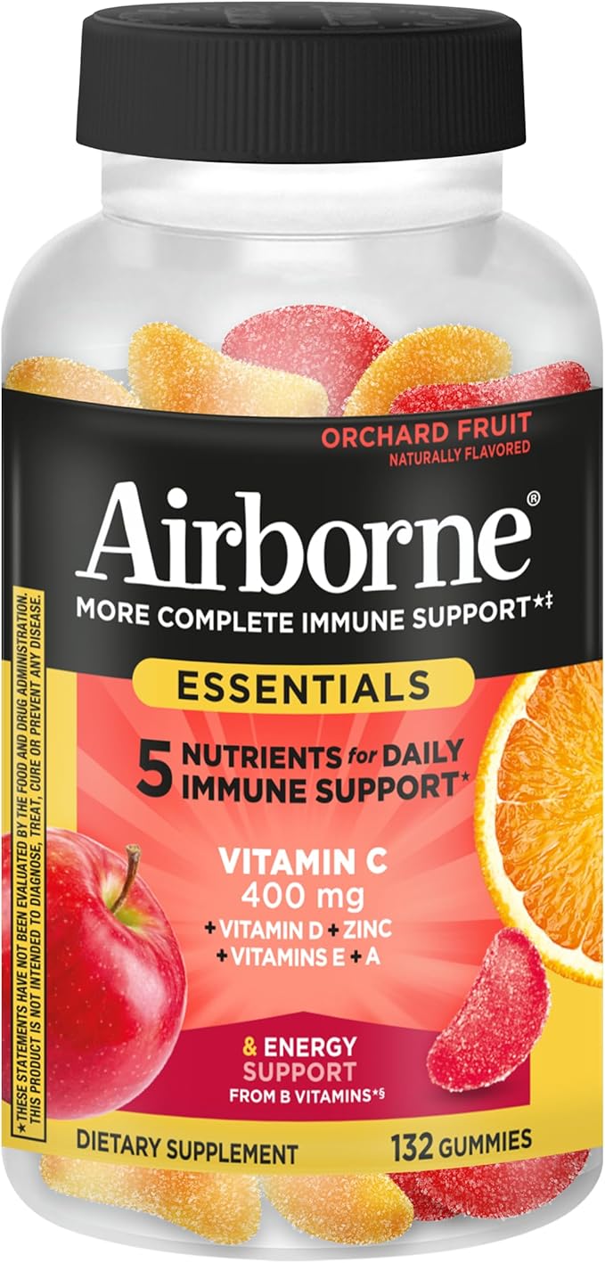 Airborne 400mg Vitamin C Gummies for Adults & Children, Immune Essentials Daily Immune Support Supplement with Vitamins C & E - Orchard Fruit Flavor, 132 Gummies (Pack of 2)