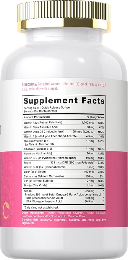 Carlyle Multivitamin for Women | 200 Softgels | Support Supplement with Iron | Essential Vitamins, Minerals and Omegas | Non-GMO & Gluten Free Formula