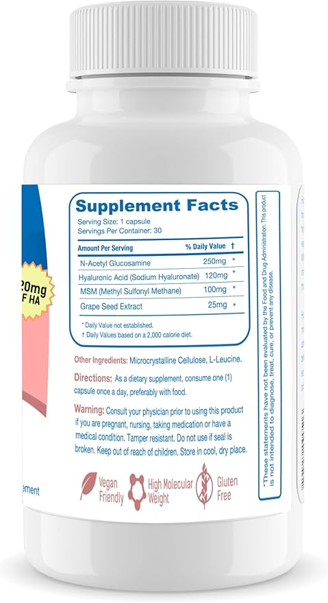 Hyalogic 120 Mg Hyaluronic Acid Delayed-Release Capsules – Skin Supplement w/Glucosamine MSM – Body Health Food Supplement w/Grape Seed Extract – Vegan & Non-GMO Dietary Supplements (30 Count)