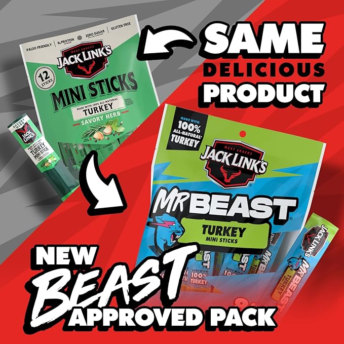 Jack Link’s x MrBeast Turkey Mini Sticks,As Seen on Beast Games,8g Protein,Made with 100% All Natural Turkey,Zero Sugar,Pantry-Ready Snacks,(Pack of 24)