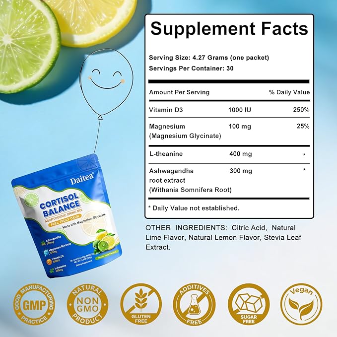 Cortisol Calm Drink Mix with Magnesium Glycinate Powder, L-Theanine, Vitamins, and Ashwagandha for Relaxation & Focus | Adaptogen Drink & Cortisol Support | 30 Packets (Lemon & Lime Flavor)