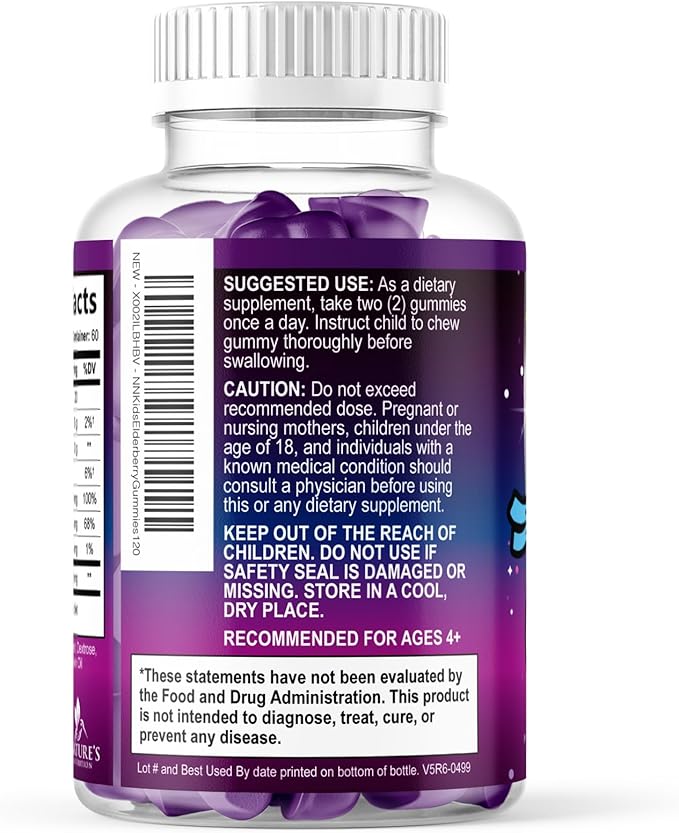 Kids Immune Support Elderberry Gummies - Daily Children's Vitamins C, Zinc & Kids Support Gummy - Nature's Sambucus Elderberry Supplement, Vegan, Gluten-Free, Tasty Berry Flavor - 120 Gummies