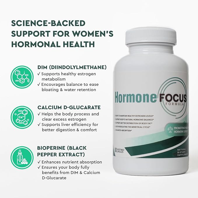 Hormone Focus – Estrogen Balance for Women - DIM Supplement with Diindolylmethane, Calcium D-Glucarate & BioPerine – Supports Hormonal Health, Mood, Energy, Mental Clarity, Clear Skin & Weight