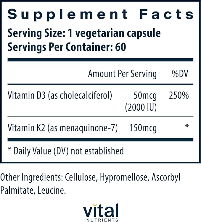 Vital Nutrients Vitamin D3 + K2-2000 IU - Vitamin D3 K2 Supplement - Vitamin D Complex for Healthy Calcium Levels, Muscle & Bone Health - Gluten, Dairy, Soy Free - 60 Capsules