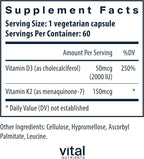 Vital Nutrients Vitamin D3 + K2-2000 IU - Vitamin D3 K2 Supplement - Vitamin D Complex for Healthy Calcium Levels, Muscle & Bone Health - Gluten, Dairy, Soy Free - 60 Capsules