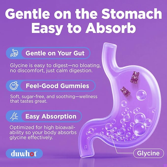 duwhot Glycine Gummies, 3g(3000 mg) Glycine Supplements for Sleep, Detox, Relax, Nerve Support, Blueberry Flavor, Sugar-Free, Vegan, Non-GMO, Gluten-Free, 60 Ct.
