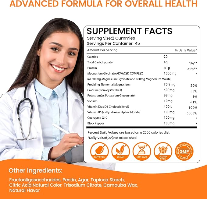 Magnesium Glycinate Gummies 1000mg, Sugar Free Magnesium Potassium Supplements Chewable for Adults with L-Threonate for Sleep, Body Support and Relaxation,90 Orange Gummies