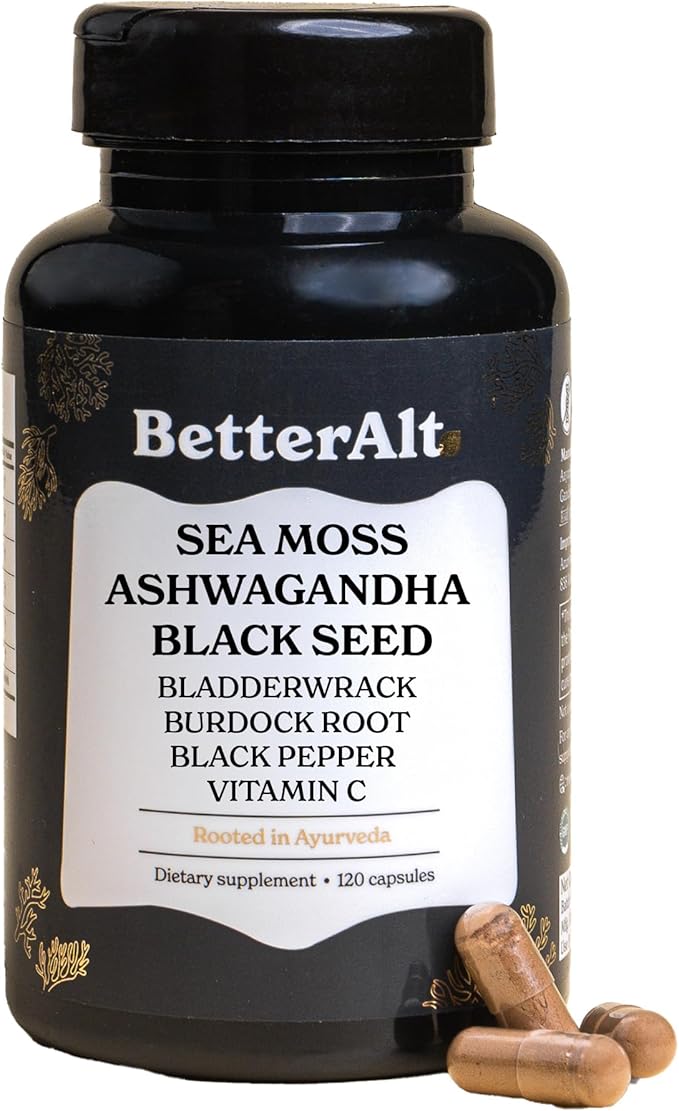 3000mg Iris Sea Moss, 2000mg Black Seed Oil, 1000mg Ashwagandha, 1000mg Burdrock Root, 1000 mg Bladderwrack with Black Pepper & Vitamin C | Vitality & Energy Support | All-in-one supplement | 120 Caps