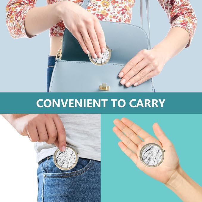 Pill Case Pill Box with Mirror Retro 3 Compartment Small Pill Case for Purse or Pocket Bronze Small Roud Pill Box or Vitamins, Fish Oil, Supplements, Pill Containe Travel Gifts（White Marble）