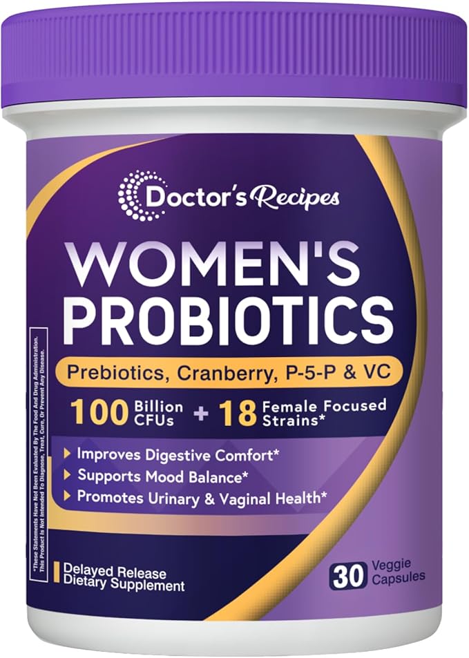 Doctor's Recipes Probiotics for Women, 100 Billion CFU, 18 Probiotic Strains, Prebiotics, Cranberry, P-5-P & VC, Vaginal, Digestive & Immune Support, Shelf-Stable, 30 Vegan Caps
