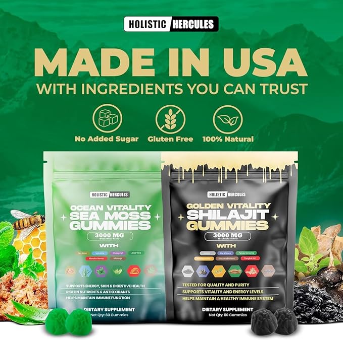 Holistic Hercules Sea Moss & Pure Himalayan Shilajit Gummies Gold | 100% Natural Organic Vegan | No Added Sugar | Ashwagandha Tongkat Ali Ginseng Spirulina Moringa Manuka Honey | 60 Gummies 2 Pack