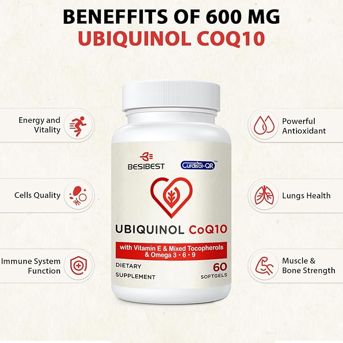 Besibest Ubiquinol CoQ10-600mg-Softgel, Active Coq10 Ubiquinol Supplement with Vitamin E & Omega 3, 6, 9, High Absorption-Coenzyme-Q10, Powerful Antioxidant for Energy Production, Tested, 60 Count