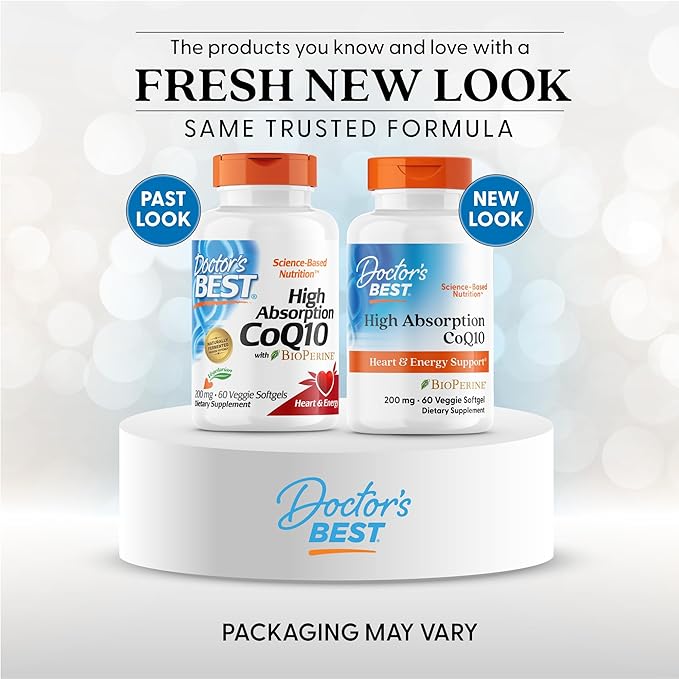 Doctor's Best High Absorption CoQ10 200mg with BioPerine Supplement - Coenzyme Q10 Softgels for Heart Health & Antioxidant Support, CoQ10 200 mg for Women & Men, Non GMO - 60 Veg Softgels