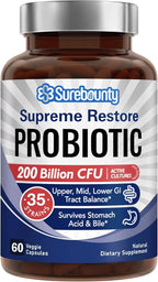 Probiotic for Men & Women, 200 Billion CFU 35 Strains, Prebiotics + Digestive Enzymes, Supreme Restore Probiotic Supplement, 60 Veggie Capsules