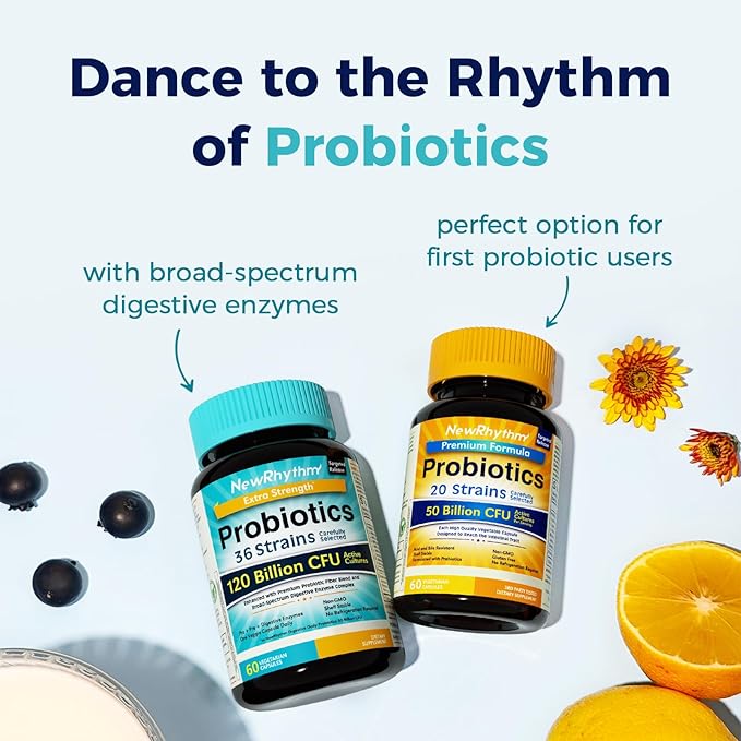 NewRhythm Probiotics 120 Billion CFU 36 Strains, 3-in-1 Probiotics with Prebiotics & Enzymes, Probioticos for Women & Men, Vegan Targeted Release Supplement, 60ct