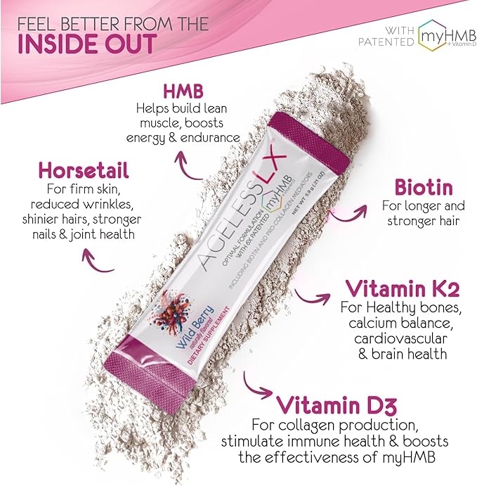 AgelessLX Powder Supplement for Women - with HMB Collagen Enhancer Plus Vitamin D3 with K2, Horsetail and Biotin for Lean Muscle and Stronger Hair and Nails - 30 Powder Packets, Wild Berry