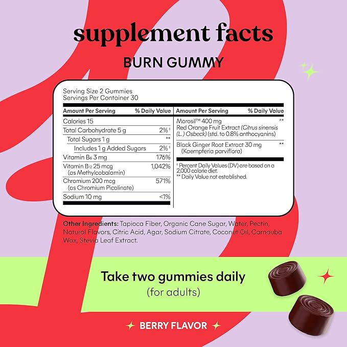 Lemme Burn Belly Fat & Metabolism Gummies for Women & Men with Clinically Studied Morosil, Black Ginger, B6, B12, Chromium, Vegan, Gluten-Free, Berry Flavor (60 Count)