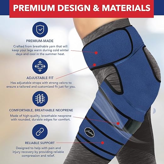 Dr. Arthritis Stabilizing Hip Brace for Men & Women, Thigh Compression Sleeve & Hip Support for Muscle Recovery, Hamstring Brace with Handbook, Sciatica Pain Relief Devices - Left Leg (S/M, Navy)