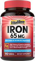 Iron Supplement for Women & Men, 65 mg, Ferrous Sulfate, Vitamin C, D3, B6, B12, Folate, Beet Root, Spinach, Pumpkin Seeds, Nettle, for Red Blood Cell & Energy Production, 90 Tablets