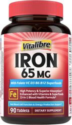 Iron Supplement for Women & Men, 65 mg, Ferrous Sulfate, Vitamin C, D3, B6, B12, Folate, Beet Root, Spinach, Pumpkin Seeds, Nettle, for Red Blood Cell & Energy Production, 90 Tablets