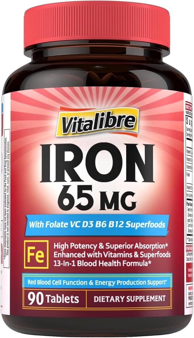 Iron Supplement for Women & Men, 65 mg, Ferrous Sulfate, Vitamin C, D3, B6, B12, Folate, Beet Root, Spinach, Pumpkin Seeds, Nettle, for Red Blood Cell & Energy Production, 90 Tablets