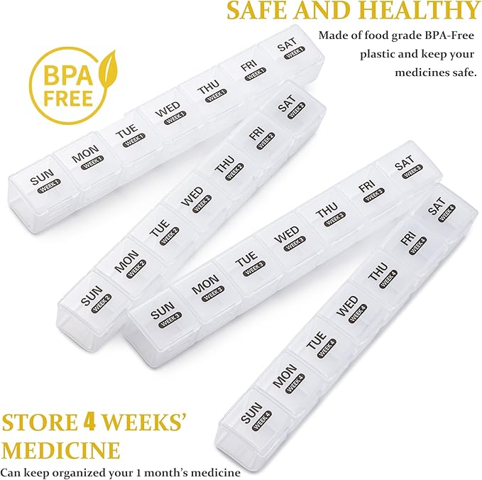 Monthly Pill Organizer, 28 Day Pill Box 1 Time a Day with Dust-Proof Case, Large 4 Weeks a Month Pill Case Container, Daily Vitamin Case Box for Pills/Medicine/Fish Oil/Supplements（White）