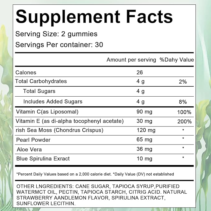 Sea Moss Gummies for Hair Loss，Hair Loss Gummies with Organic Sea Moss，Pearl Powder & Aloe Vera,Vitamin C, Vitamin E, Supports Hair & Skin Wellness Dietary Supplement — 60 Gummies