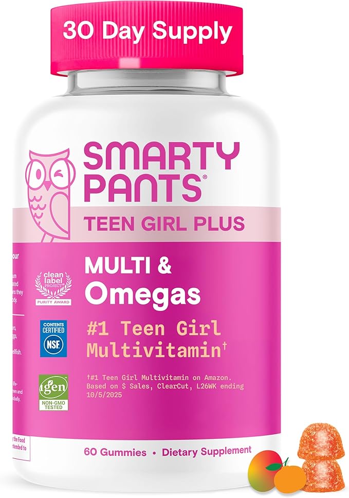SmartyPants Teen Girl Multivitamin Gummies, Omega 3 (DHA/EPA), Vitamin C, D3, B12, Vitamin A, K & Zinc, Biotin to Support Hair, Skin & Nails, Gluten Free, 60 Count (30 Day Supply)