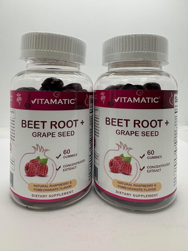 Vitamatic Beet Root Gummies 400mg with B6 (2mg), B12, Grape Seed, Pomegranate & Nicotinamide – Plant-Based Extract – Vegan, Non-GMO – Botanical Supplement Gummies – 60 Count - 2 Pack (120 Count)